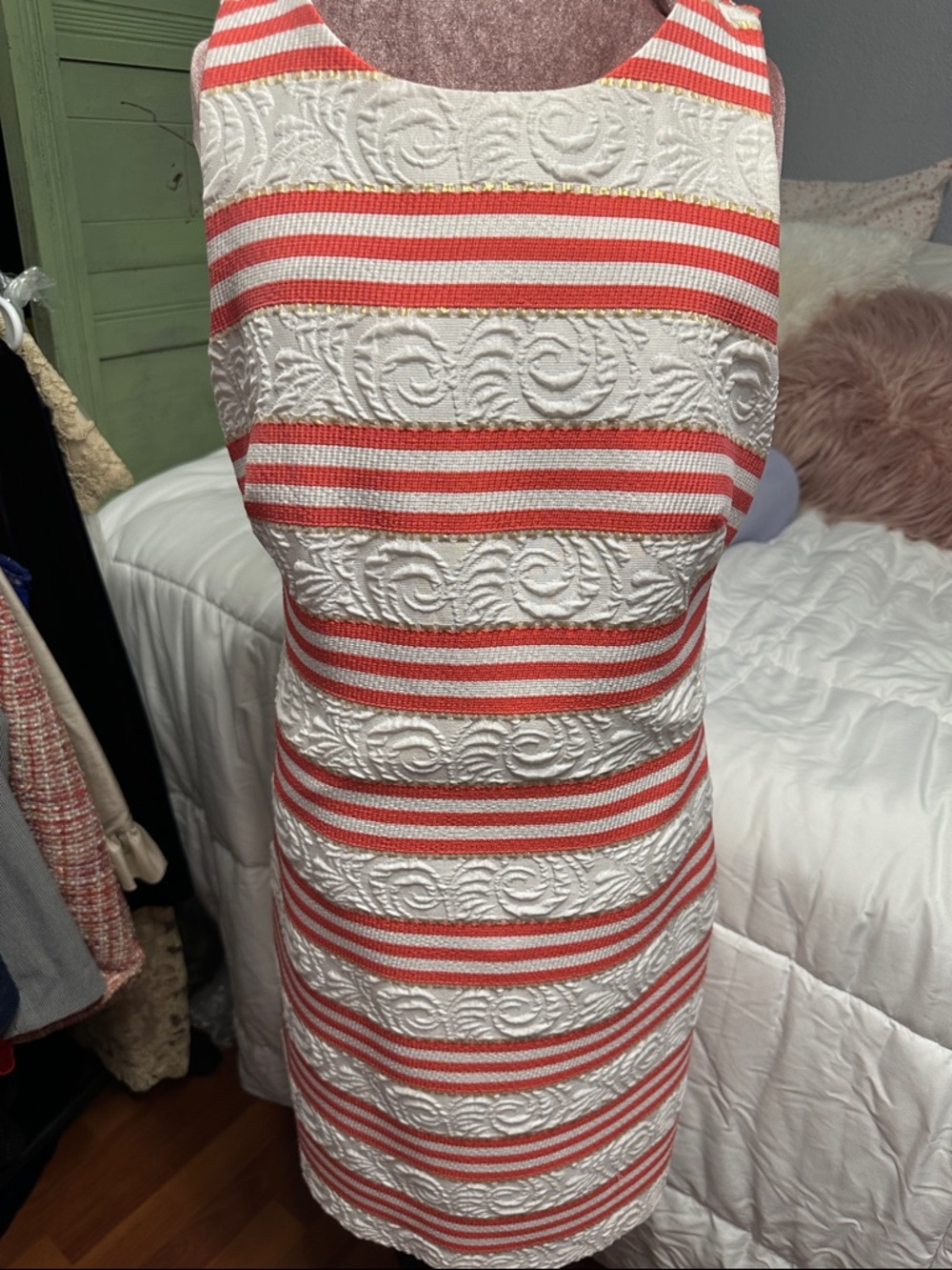 Vince Camuto Coral and White Striped Embroidered Sleeveless Sheath Dress
